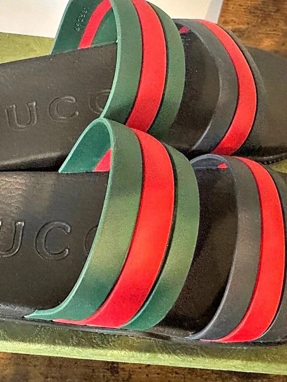 Gucci Web Double Strap Slides Color Block Sandals in Black & Green -worn once
